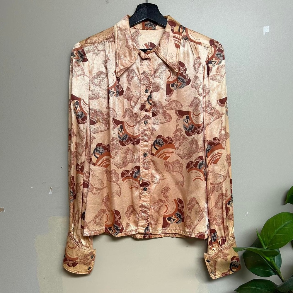 Vintage 70s Sheer Mesh Abstract Pattern Button Up Disco Shirt Orange Womens S